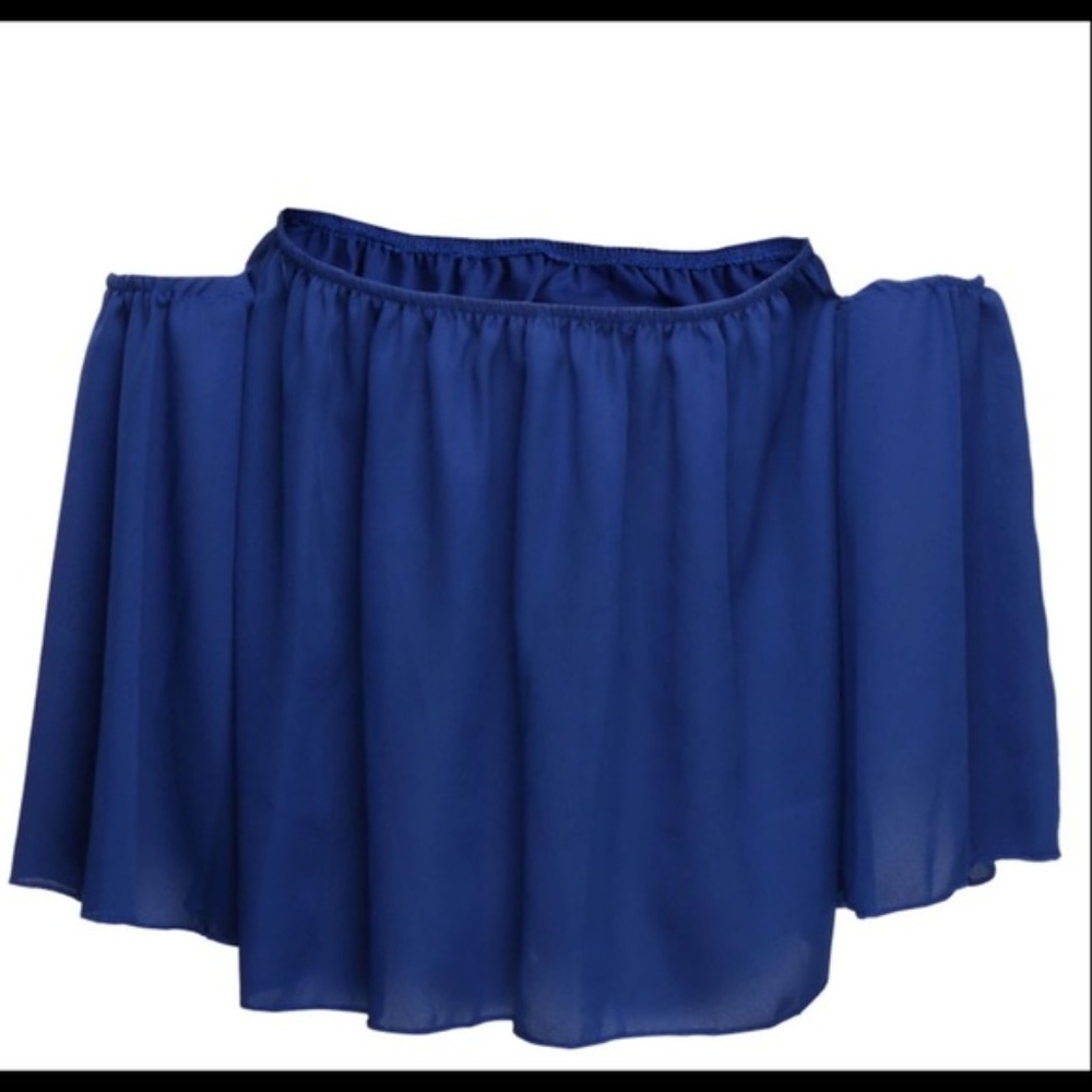 Off the Shoulder Chiffon Long Sleeve Blouse Blue - Picture 3 of 3
